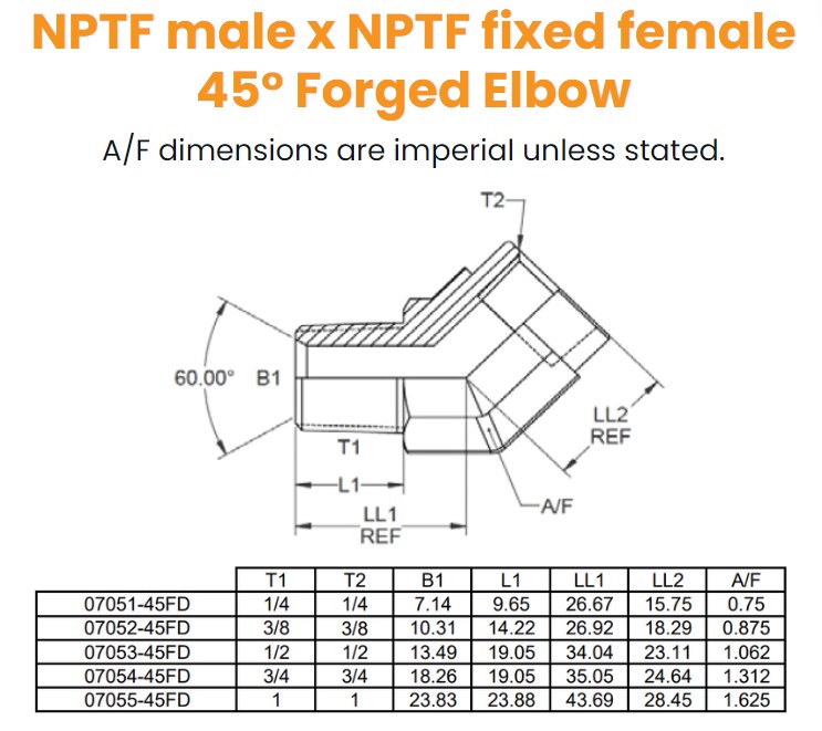 1/4 NPTF M/F Fixed 45° Forged Elbow Hydraulic Adaptor